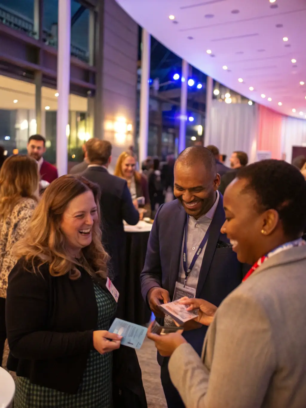 A candid shot of conference attendees actively networking during a coffee break at the Annual Technology Conference, exchanging business cards and engaging in lively conversation.