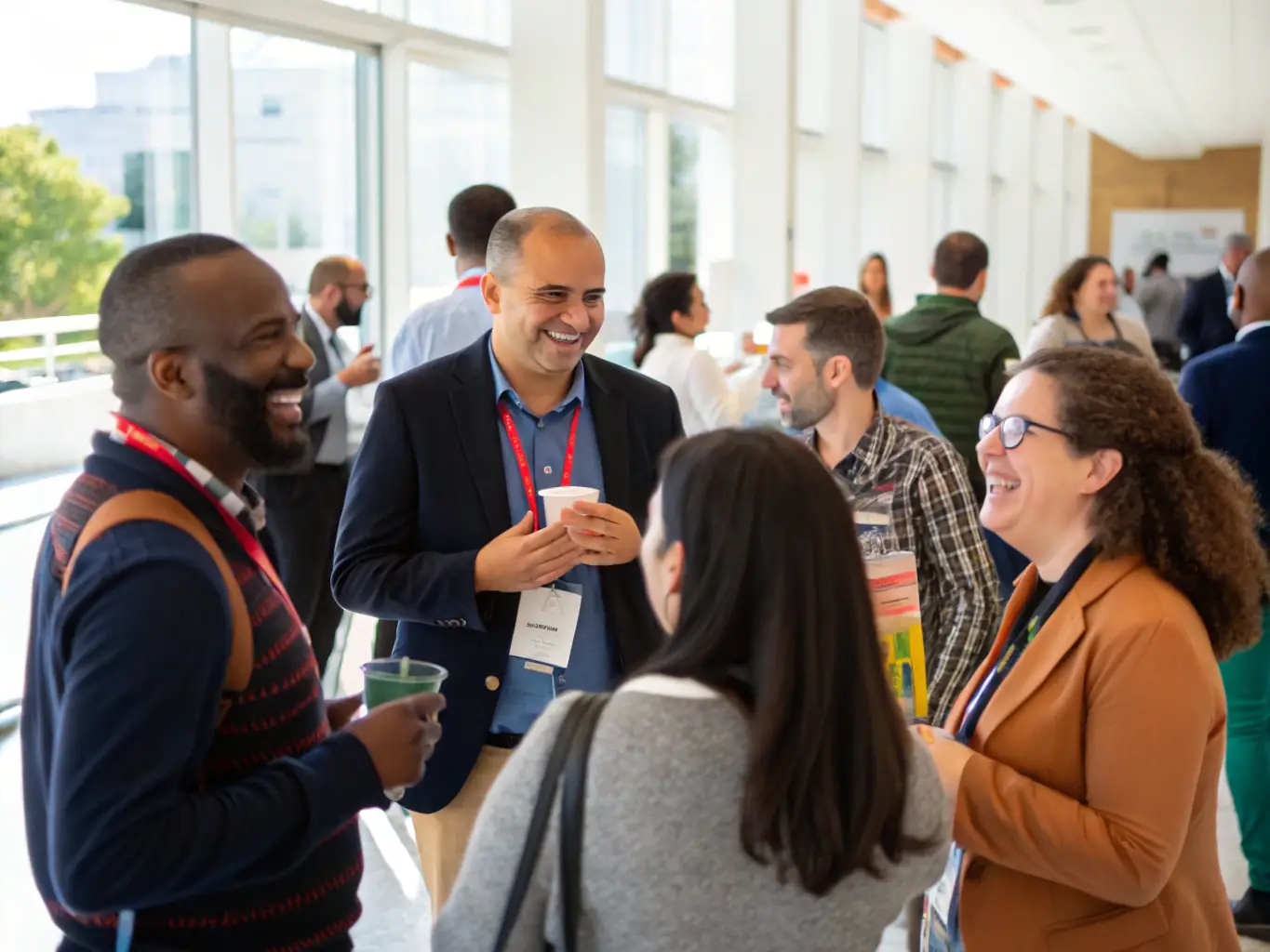 A diverse group of conference attendees networking during a break, with a schedule board visible in the background, in a modern conference center.
