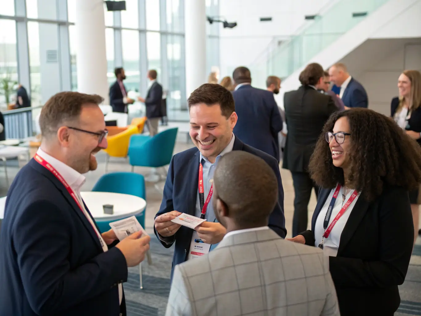A photograph of attendees networking during a coffee break at a technology conference in Edinburgh, UK, with the Edinburgh Castle visible in the distance.