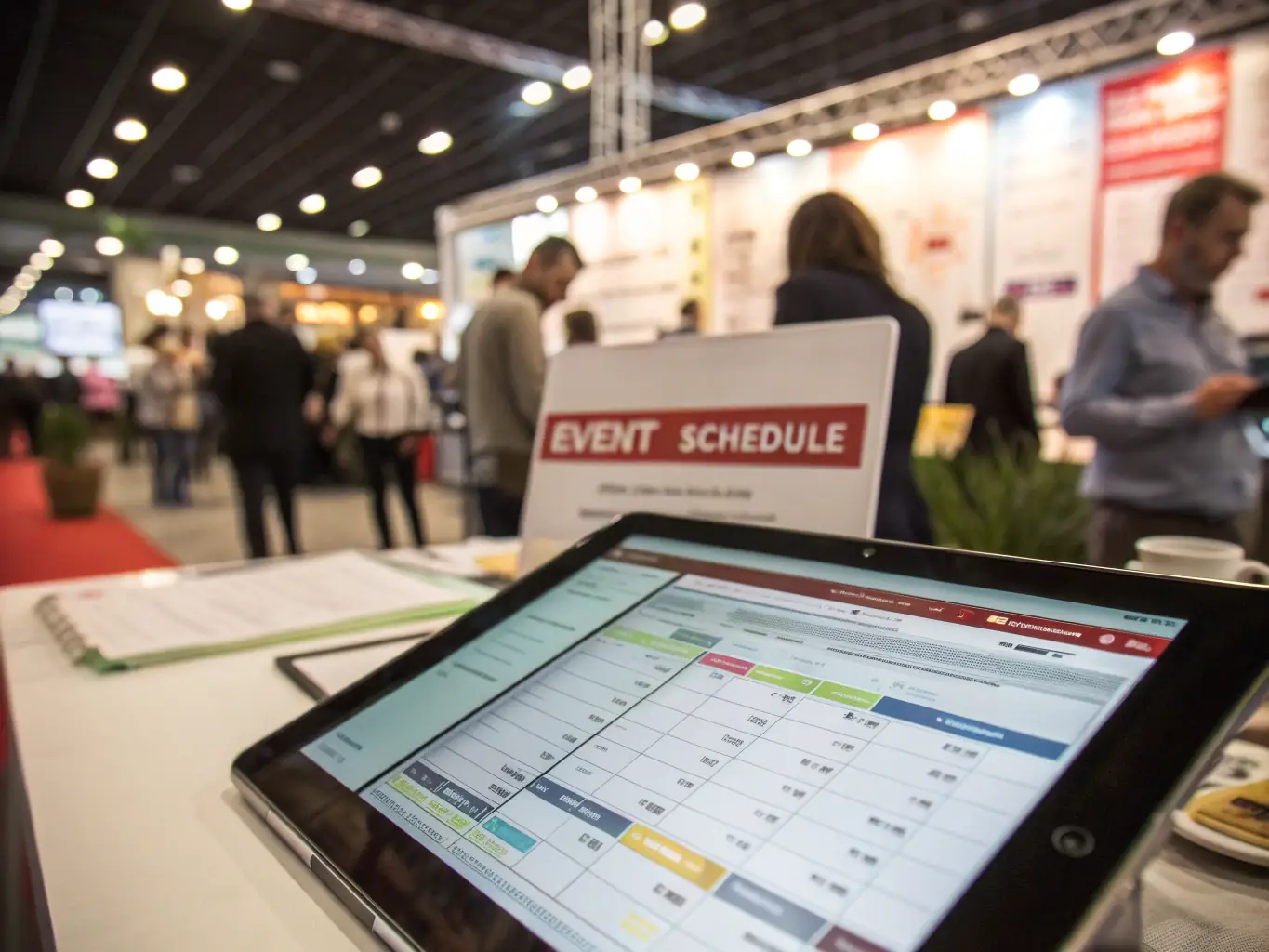 A detailed conference schedule displayed on a tablet, showing session times, speaker names, and room locations, in a brightly lit conference hall.