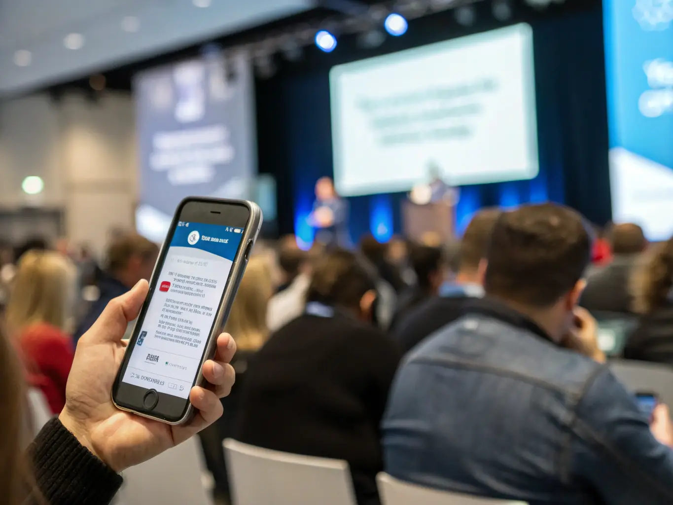 A close-up of a conference schedule app on a smartphone, highlighting personalized session recommendations and real-time updates, in a user's hand.